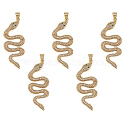 5Pcs Brass Micro Pave Cubic Zirconia Pendants, Long-Lasting Plated, Snake, Clear & Green, Golden, 42x17.2x3mm, Hole: 4x3.5mm