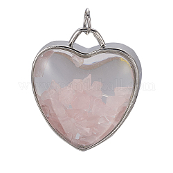 Pendentifs en quartz de quartz naturels, avec des accessoires en verre de laiton platine, cœur, 37x32x18~18.5mm, Trou: 6mm
