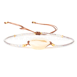 Bracelet de perles tressées en cauris naturels et graines, bracelet réglable pour femme, blanc, 11 pouce (28 cm)