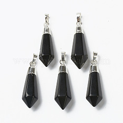 Natural Black Agate Pendants, with Silver Brass Findings, Faceted, Bullet, Dyed & Heated, 40x12x11mm, Hole: 7x5mm