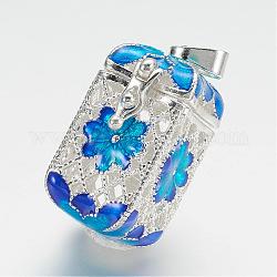 Латунные подвески коробки молитве, с эмалью, кубовидной с цветком, синие, серебристый цвет, 28x18x14 мм, отверстие : 3.5x6 мм