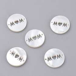 Natural White Shell Links Connectors, Flat Round with Word Mom, for Mother's Day, 15~16x1.4~1.8mm, Hole: 1mm