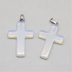 Opalite Pendants, with Iron Findings, Cross, Platinum, 33x20x3~4mm, Hole: 5x2mm