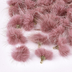 Cheriswelry décorations pendentif en fausse fourrure de vison, avec les accessoires en alliage, Or antique, rouge violet pâle, 20~30x28~30mm, Trou: 1.8mm