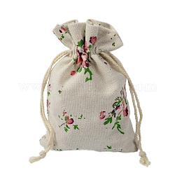 Pochettes d'emballage en tissu de coton sacs à cordon, rectangle, Motif floral, 14x10 cm