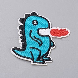 Computerized Embroidery Cloth Iron on/Sew on Patches, Costume Accessories, Appliques, for Backpacks, Clothes, Dinosaur with Fire, Deep Sky Blue, 65x65x2mm