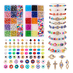 DIY Evil Eye Jewelry Making Finding Kit, Including Flat Round & Bicone & Flower & Disc Resin & Acrylic & Polymer Clay & Brass Disc Beads, Hamsa Hand & Cross & Infinity Alloy Rhinestone Links Connector, Mixed Color, 2618~2648Pcs/set