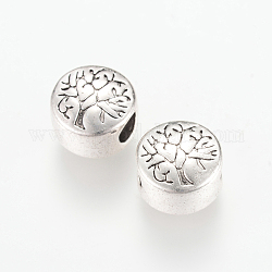 Tibetan Style Alloy European Beads, Large Hole Beads, Flat Round with Tree, Cadmium Free & Nickel Free & Lead Free, Antique Silver, 13x12x9mm, Hole: 4.5mm