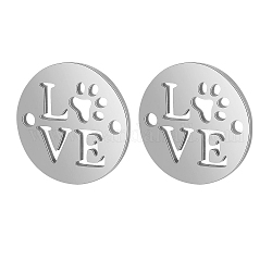 304 Stainless Steel Links connectors, Laser Cut, Flat Round with Dog Paw Prints and Word Love, Stainless Steel Color, 11.5x1mm, Hole: 1.5mm