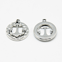 Pendente in lega stile tibetano, piatta e rotonda con ancora, cadmio & nichel &piombo libero, argento antico, 17x14.5x2.5mm, Foro: 1 mm, circa 810pcs/1000g