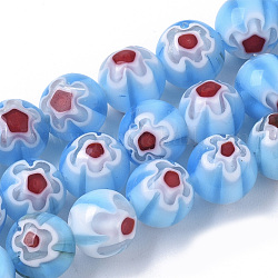 Chapelets de perles vernissées de millefiori manuelles, ronde, lumière bleu ciel, 8mm, Trou: 1.2mm, Environ 48 pcs/chapelet, 14.17 pouce (36 cm)