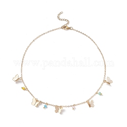 Collier de breloques papillon en laiton et perles de verre avec 304 chaînes en acier inoxydable pour femme, or, 15.94 pouce (40.5 cm)