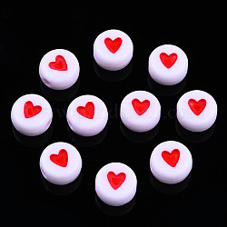 Opake Legierung Perlen, mit Emaille, flach rund mit Herz, rot, 6.5x7x3.5 mm, Bohrung: 1.8 mm