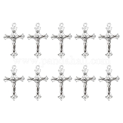 10 pendentif en alliage de zinc de style tibétain., crucifix croix, religion, argent antique, 37x22x2.5mm, Trou: 2mm
