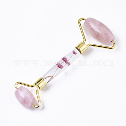 Natural Rose Quartz Massage Tools, Facial Rollers, with K9 Glass & Dried Flower Handle & Zinc Alloy Findings, Golden, 145x57x20.5mm