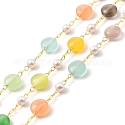 Chaînes colorées de perles rondes plates et de perles de verre œil de chat, Avec chaîne de câble en laiton, sans plomb et sans cadmium, non soudée, avec bobine, véritable 18k plaqué or, 5.5x6x3mm