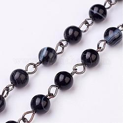 Agate rayée naturelle teintée/chaînes perlées agate manuelle, non soudée, pour création de colliers bracelets, avec épingle à œil en laiton, gunmetal, noir, 39.37 pouce (1000 mm)
