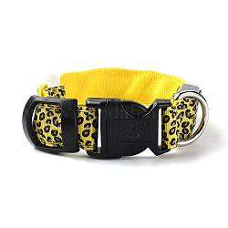Adjustable Polyester LED Dog Collar, with Water Resistant Flashing Light and Plastic Buckle, Built-in Battery, Leopard Print Pattern, Yellow, 355~535mm