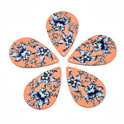 Pendentifs en fer peint, de Style caoutchouté, 3d imprimé, motif d'impression de fleurs, larme, corail, 27.5x18x0.7mm, Trou: 1.2mm