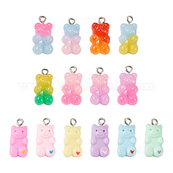 Cheriswelry 28Pcs 14 Style Opaque Resin Pendants, with Platinum Iron Loop & with Glitter Powder and Platinum Tone Iron Peg Bails, DIY Accessories, Bear, Mixed Color, 20~21x10~11x6.5~7.5mm, Hole: 1.8~2mm