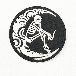 Компьютеризированная вышивка тканью утюжок на / шить на заплатках, аксессуары для костюма, аппликация, плоский круг с луной и человеческим скелетом, черные и белые, 70 мм