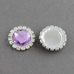 Shining Flat Back Faceted Half Round Acrylic Rhinestone Cabochons, with Grade A Crystal Rhinestones and Brass Cabochon Settings, Silver Metal Color, Lilac, 18x5.5mm