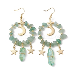 Boucles d'oreilles pendantes en aventurine verte naturelle et cristal de quartz teint, anneau perlé, boucles d'oreilles longues en fil de cuivre, 74~78x35~38mm