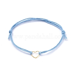Adjustable Waxed Cotton Cord Bracelets, with 304 Stainless Steel Heart Jump Ring, Light Sky Blue, 1-5/8 inch~3-1/2 inch(4~9cm)