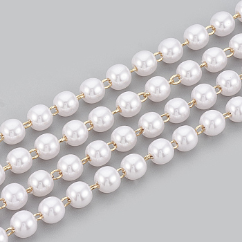 Catene di perline fatte a mano in ottone, saldato, con la bobina, perla d'imitazione plastica abs, vero placcato oro 18k, bianco, 6x5.7mm, circa 16.4 piedi (5 m)/rotolo