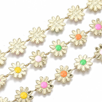 Messing Emaille Ketten, Gänseblümchen-Blumen-Gliederketten, langlebig plattiert, gelötet, Farbig, Licht Gold, Blume: 13.5x10x1.5 mm