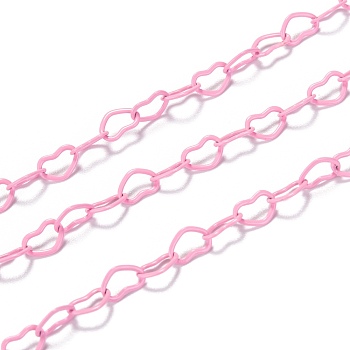 Spritzlackierte Herzgliederketten aus Messing, gelötet, mit Spule, rosa, 6x4.5x0.5 mm, 32.8 Fuß (10m)/Rolle