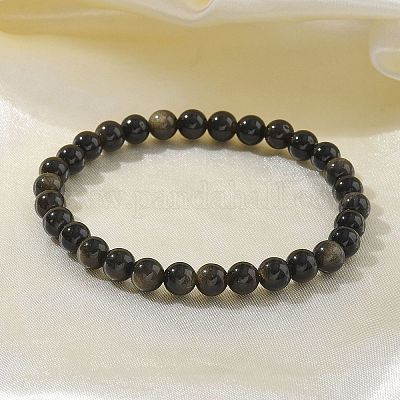 Bracciali in perle di ossidiana naturale lucentezza dorata&nbsp;BJEW-K212-A-020-1