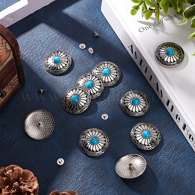 GORGECRAFT 10Pcs 1-Hole Turquoise Buttons Western Conchos Screw Back Round  Metal Decorative Conchos Flat Round with Sunflowers Pattern for DIY Luggage
