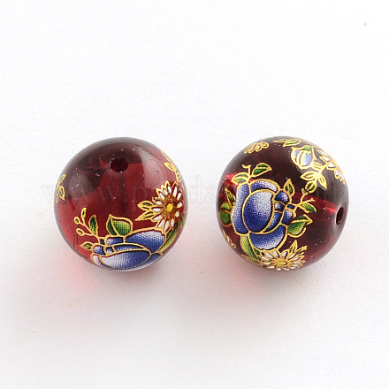 Flower Picture Transparent Glass Round Beads GFB-R004-14mm-R14-1