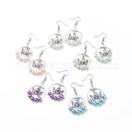 Glass Pearl Beaded Big Ring with Alloy Butterfly Dangle Earrings EJEW-JE05048-1