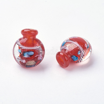 手作りランプワーク香水瓶ペンダント  精油ボトル  金粉付き  DIYの香水瓶のネックレス作り  フラットラウンド  レッド  26x21x15.5mm  穴：6mm X-LAMP-D477-3-1