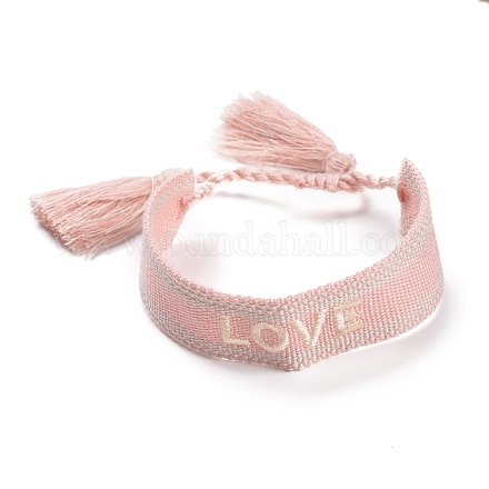 Bracelet tressé en polycoton (coton polyester) word love avec breloque pompon BJEW-F429-07-1