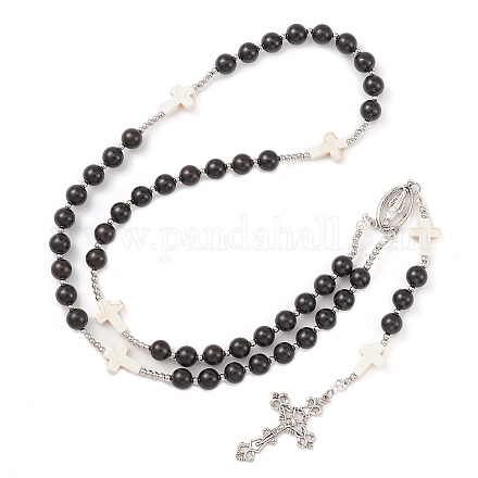 Collana con perle rosario in turchese sintetico e legno NJEW-JN04431-02-1