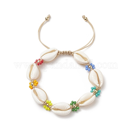 Natürliche geflochtene Perlenarmbänder aus Kaurimuscheln und Glassamenblumen für Frauen BJEW-TA00206-1