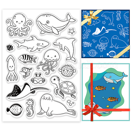 PandaHall Sea Animal Clear Stamps Marine Seahorse Turtle Dolphin Whale Silicone Rubber Stamp Film Frame Transparent Seal Stamps for Invitation Card Postcard Album Photo Gift Box Decor Scrapbooking DIY-WH0167-57-0368-1