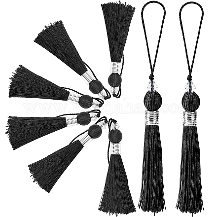 GORGECRAFT 8PCS Large Tassel Key Colorful Handmade Silky Floss Tiny Craft Tassels with Plastic Beads for DIY Craft Accessory Home Decoration(Black) HJEW-GF0001-23D-1