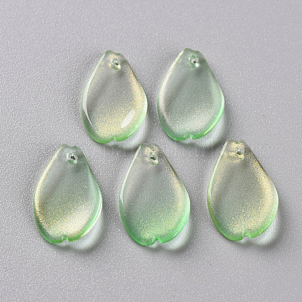 透明スプレー塗装ガラスペンダント  グリッターパウダー付き  花弁  薄緑  16x9.5x2mm  穴：1mm GLAA-S190-014A-06-1