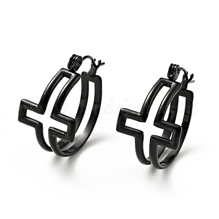 Ion Plating(IP) 304 Stainless Steel Cross Hoop Earrings for Women EJEW-G293-02EB-1