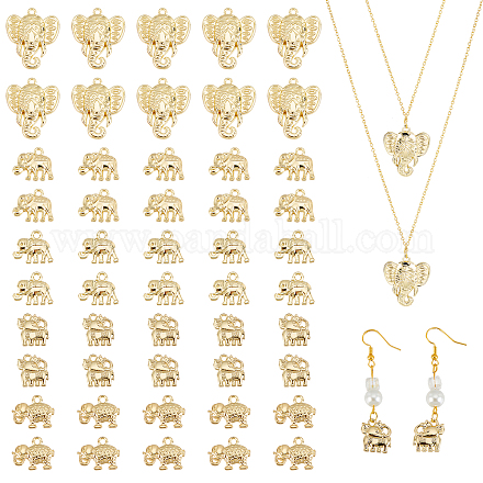 CHGCRAFT 50Pcs 5 Style Golden Elephant Lucky Charms Pendants Rack Plating Rhinestone Elephant Charms Fit for 0.9-1.5mm Rhinestone Jewelry Making FIND-CA0004-83-1