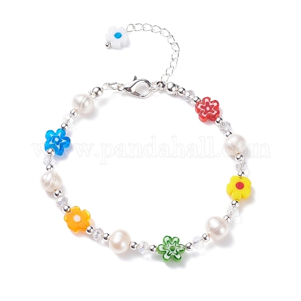 Pulsera hecha a mano con perlas naturales y vidrio millefiori BJEW-TA00053-1