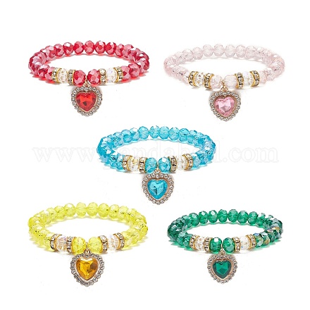 Bracelet extensible en perles de verre avec breloque cœur en alliage strass pour femme BJEW-JB09142-1