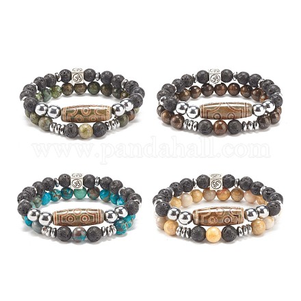 2 pz 2 braccialetti di perline di mala in stile con perline dzi di agata tibetana BJEW-JB08020-1