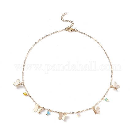 Brass Butterfly & Glass Beaded Charms Necklace with 304 Stainless Steel Chains for Women NJEW-TA00042-1