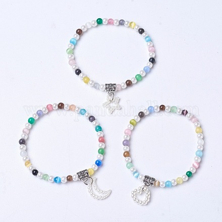 Cat Eye & Glass Pearl Stretch Kids Bracelets BJEW-JB04204-M-1