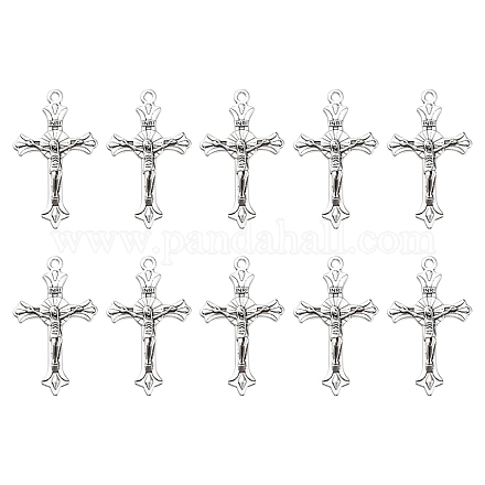 10 個の亜鉛チベットスタイル合金ペンダント  十字架クロス  宗教  アンティークシルバー  37x22x2.5mm  穴：2mm FIND-YW0002-11-1